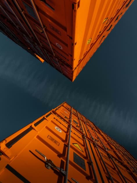 Aerial view of stacked orange containers