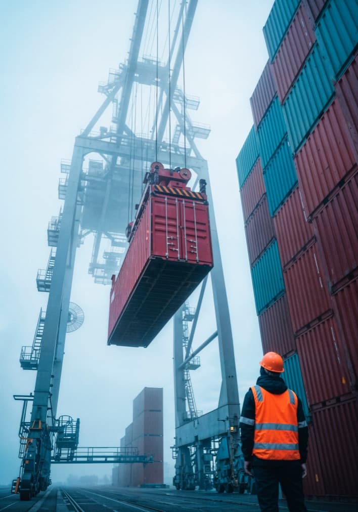 Workers loading shipping containers at port